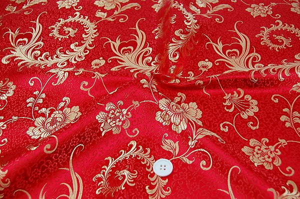 よさこいなど衣装などに最適な　チャイナドレス生地・チャイナ生地　羽根と牡丹・赤×金色 
