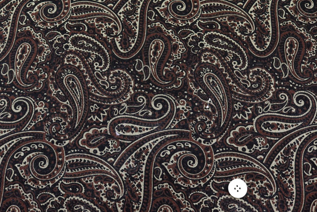 ハーフリネンプリント服地 ペイズリー柄 黒地 茶色 ニット生地屋
