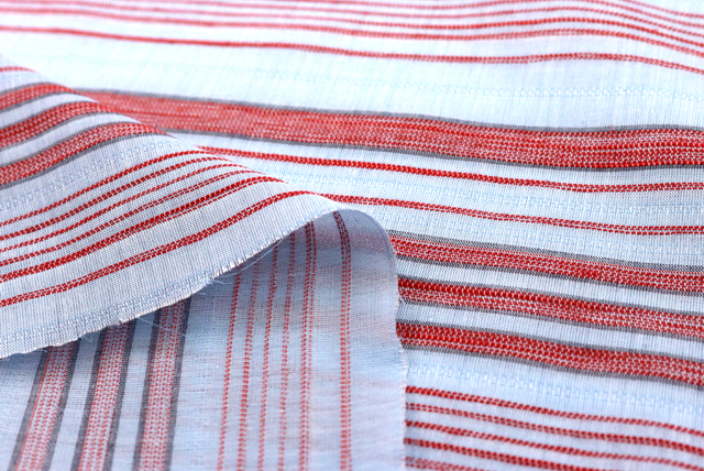 からみマルチボーダー生地 水色・朱赤 裏面・織りの様子