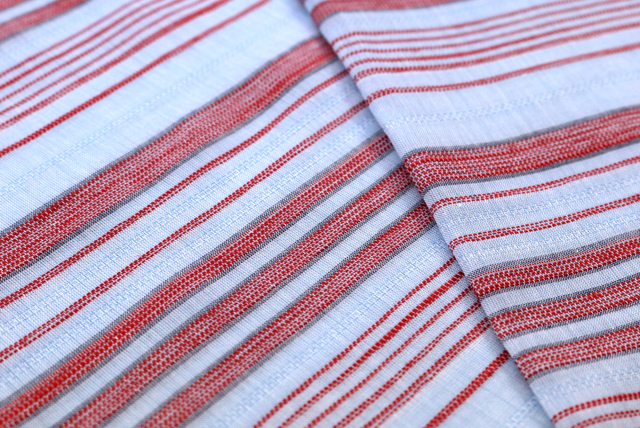 からみマルチボーダー生地 水色・朱赤 生地アップ(からみ織りの透け感)