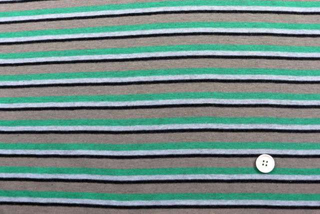 マルチカラーボーダープリント 天竺ニット グリーン&times;ベージュ&times;ブラック 全体と2cmボタン比較（江戸ッ子 210ya）