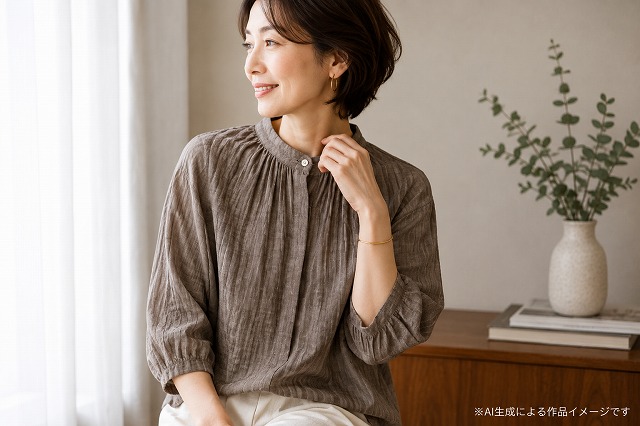 播州織 シャーリング先染めシャンブレー ブラウン系を使ったブラウスのAI生成作品イメージ