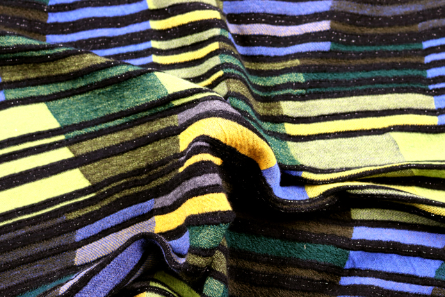 ウール混 ラメ入りジャガードニット モザイクボーダー柄 グリーン系マルチカラー ドレープ