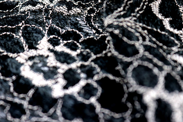 ラッセルレース 花柄 黒系 柄の細部アップ