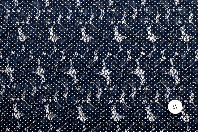 ラッセルレース 水玉プリント 紺 全体