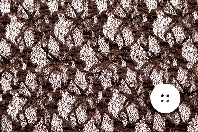 ストレッチ ラッセルレース こげ茶 柄アップ・ボタン比較