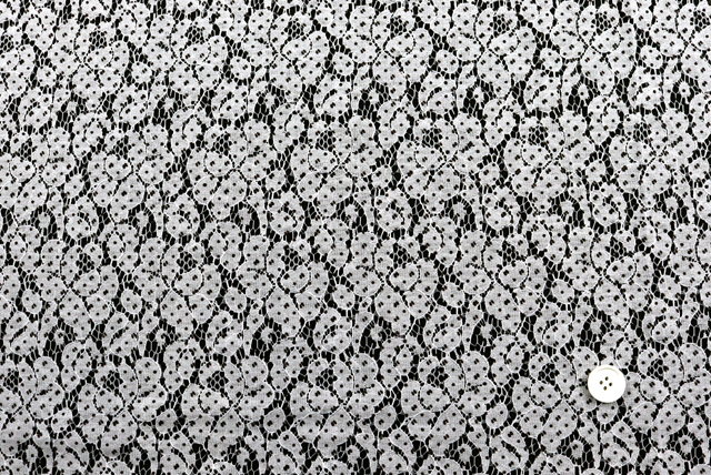 ラッセルレース 水玉プリント 灰白色 全体(20mmボタン比較・黒背景)