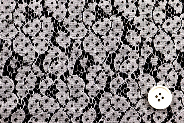 ラッセルレース 水玉プリント 灰白色 柄アップ(20mmボタン比較・黒背景)