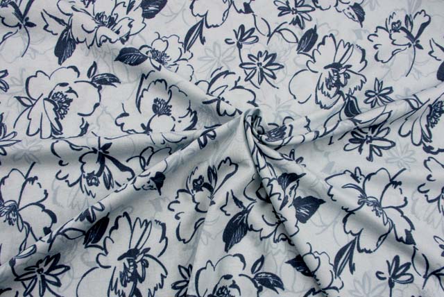 モダールコットンニットプリント 花柄 ブルーグレイ地×濃ブルーグレイ 全体（江戸ッ子 210ya）