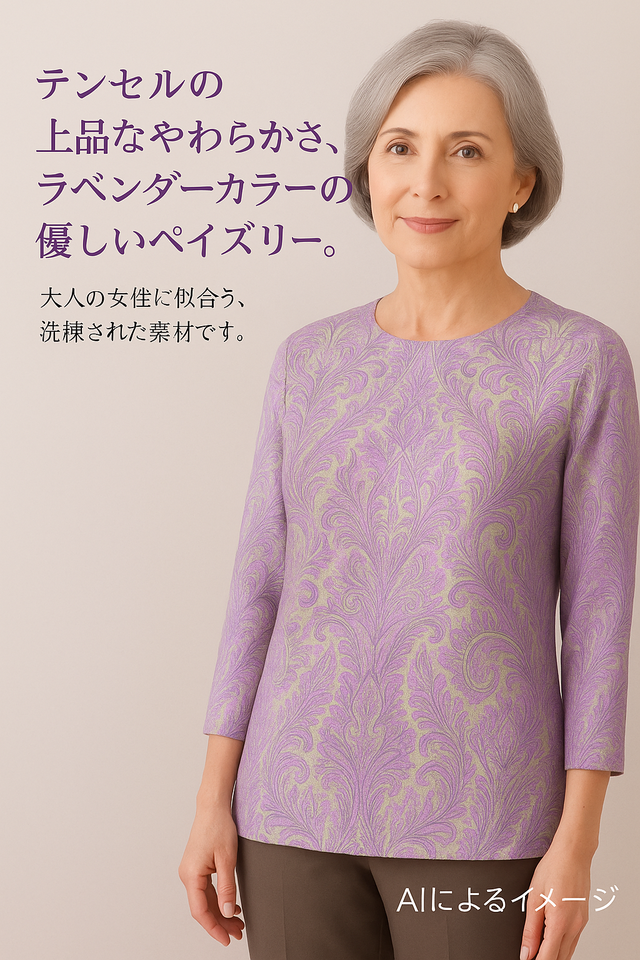テンセル混ペイズリープリントニット ラベンダー系 着用イメージ（AI生成）