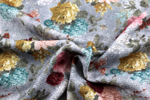 ストレッチ起毛 フラワーニット うすグレイ地 ドレープ