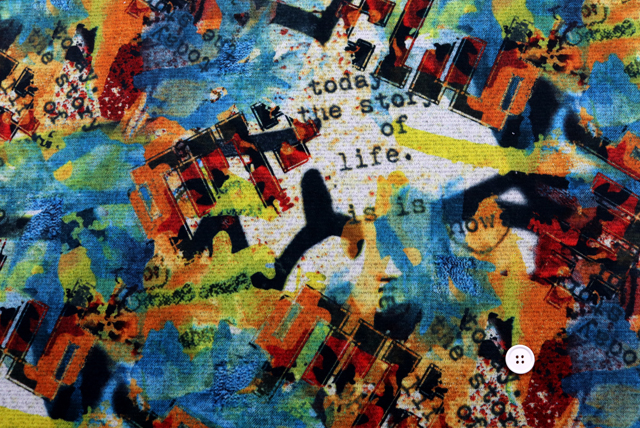 ストレッチ起毛 グラフィティプリントニット カラフルマルチ ブルー×オレンジ系