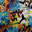 ストレッチ起毛 グラフィティプリントニット カラフルマルチ（ブルー×オレンジ系）