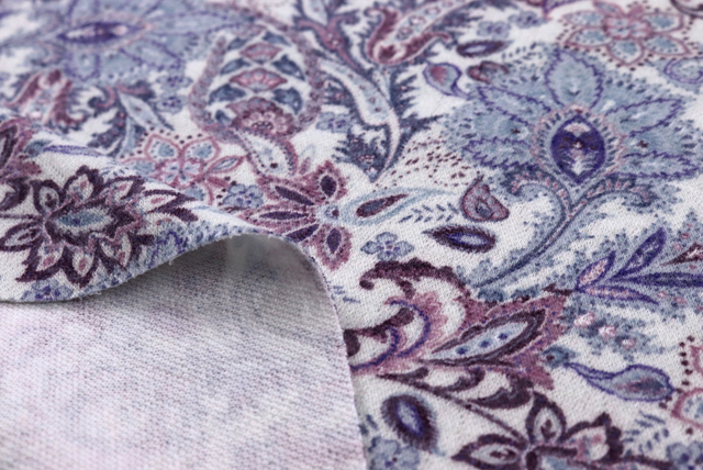 ウール混 ペイズリープリント オフ白地×ラベンダー系 裏面・厚み