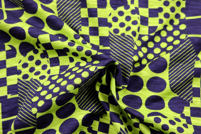 スラブニット 幾何柄プリント ライムイエロー ドレープ(江戸ッ子 210ya)