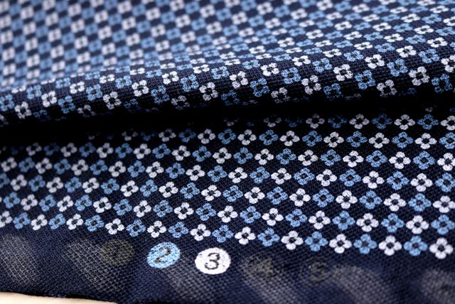 鹿の子ニット 小紋プリント 紺 柄のアップ(小紋柄の密度)