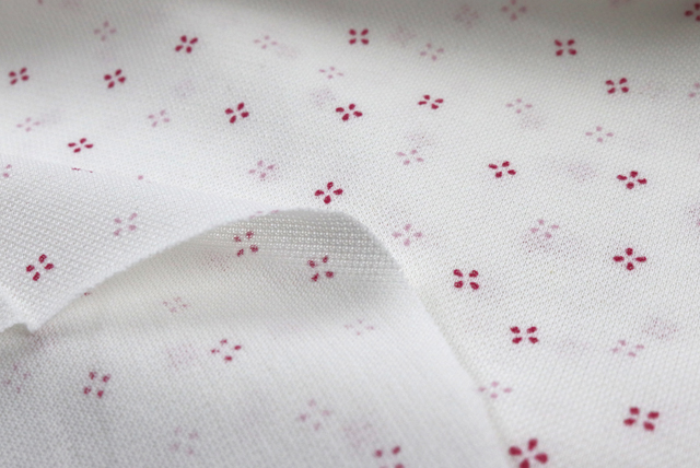 鹿の子ニット 小紋プリント 白地に赤系 裏面と鹿の子の表面感アップ（江戸ッ子 210ya）