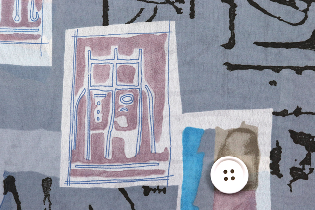 ジョーゼットプリント 和モダン書画調 うすいグレイ ボタン比較（江戸ッ子 210ya）