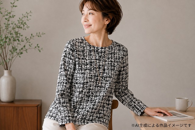 ハイテンションニットプリント 崩し格子風 黒×白を使ったトップスのAI生成作品イメージ