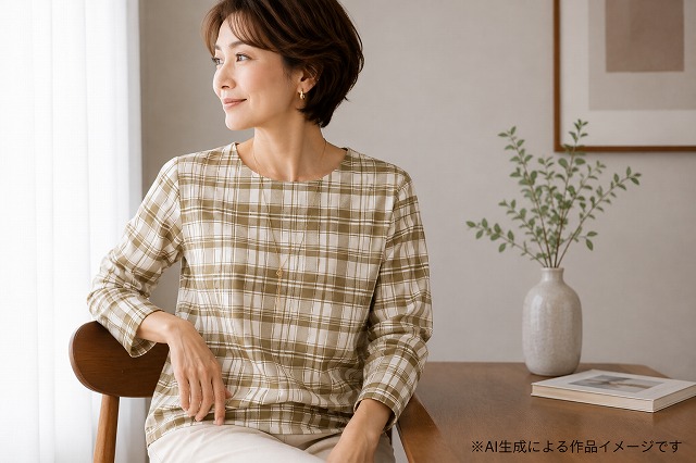 ハイテンションニットプリント 多重ライン格子 ベージュ系×オフを使ったトップスのAI生成作品イメージ