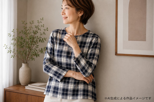 ハイテンションニットプリント 多重ライン格子 紺×オフを使ったトップスのAI生成作品イメージ